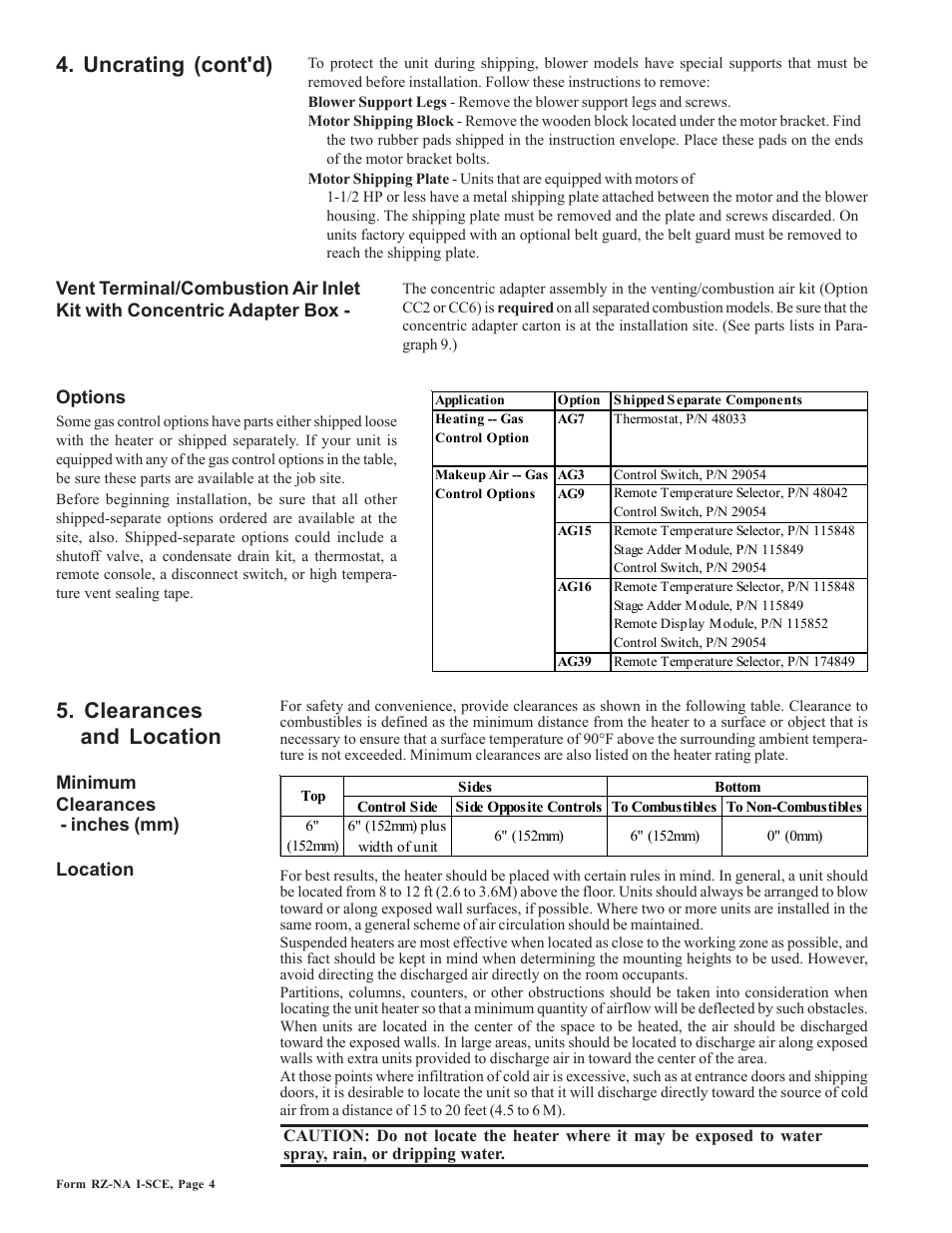 Uncrating (cont'd), Clearances and location | Reznor SCE Unit Installation Manual User Manual | Page 4 / 36