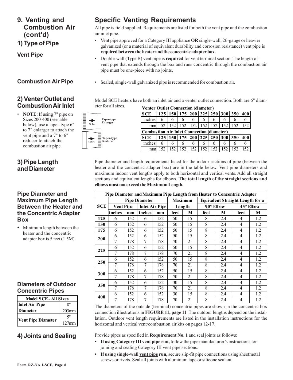 Specific venting requirements, Venting and combustion air (cont'd), 4) joints and sealing 3) pipe length and diameter | Reznor SCE Unit Installation Manual User Manual | Page 8 / 36