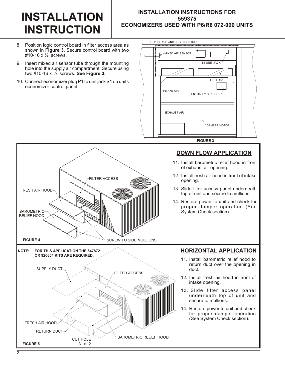 Installation instruction, Down flow application, Horizontal application | Reznor R6GP Option - Installation - Economizer User Manual | Page 2 / 8
