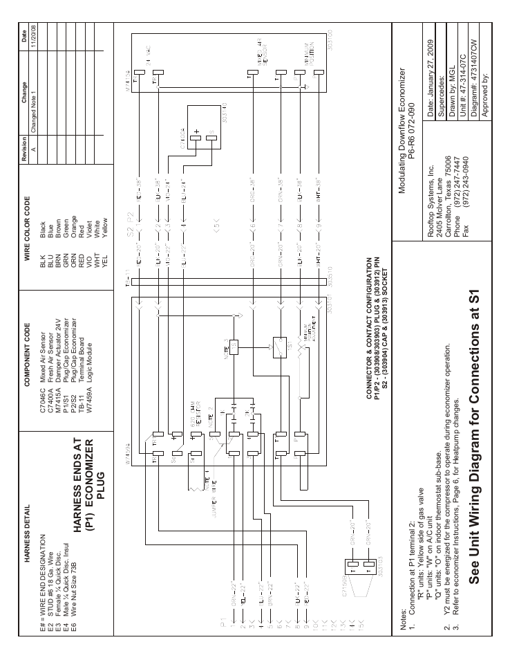 See unit wiring diagram for connections at s1, Har ness ends at (p1) e cono mizer plug | Reznor R6GP Option - Installation - Economizer User Manual | Page 7 / 8