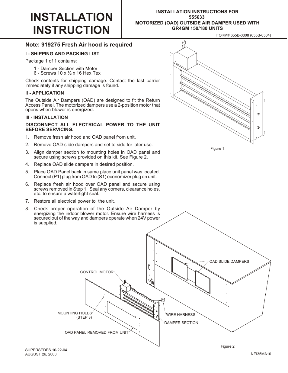 Reznor R6GN Option - Installation - Motorized Damper User Manual | 2 pages