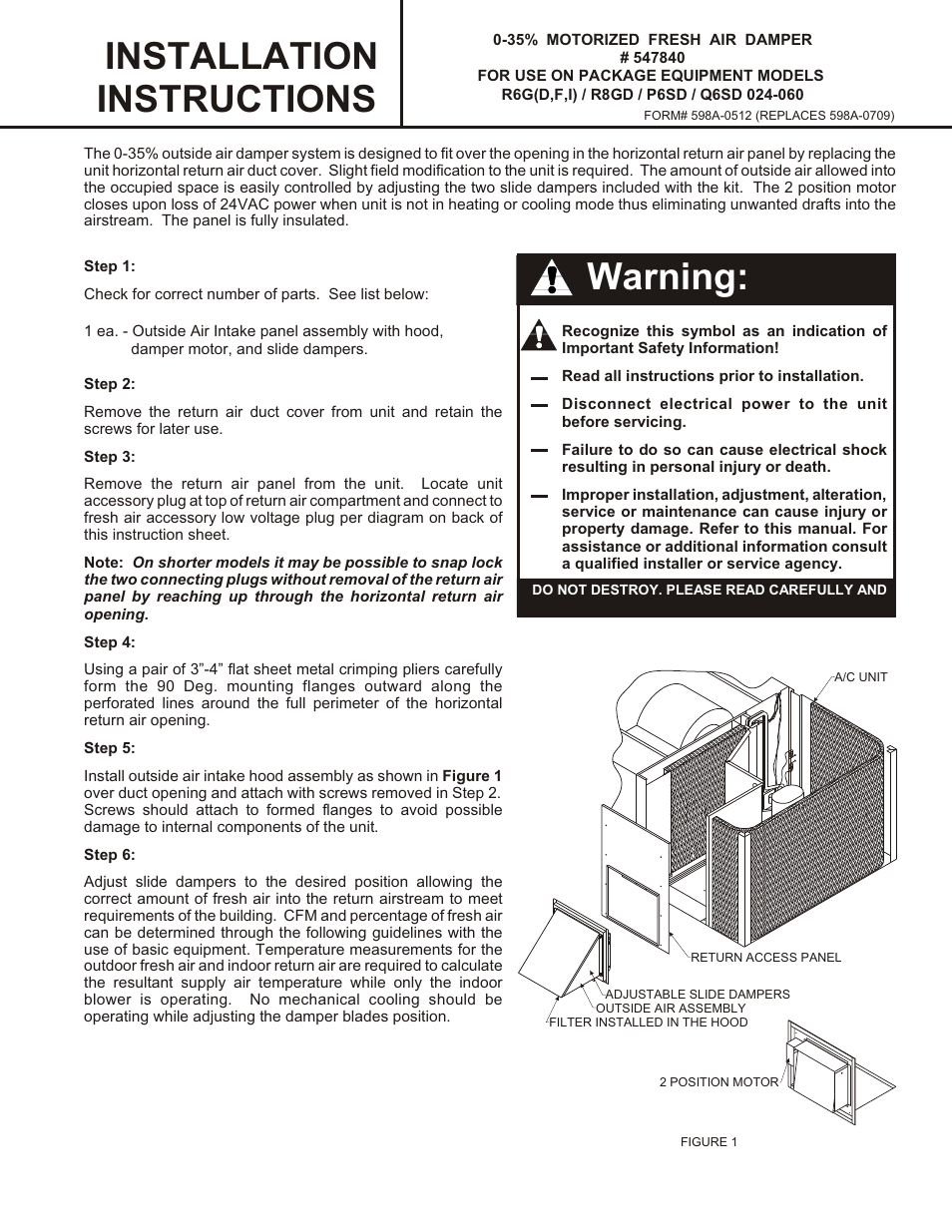 Reznor R6GI Option - Installation - Motorized Fresh Air Damper - Light Commercial User Manual | 3 pages