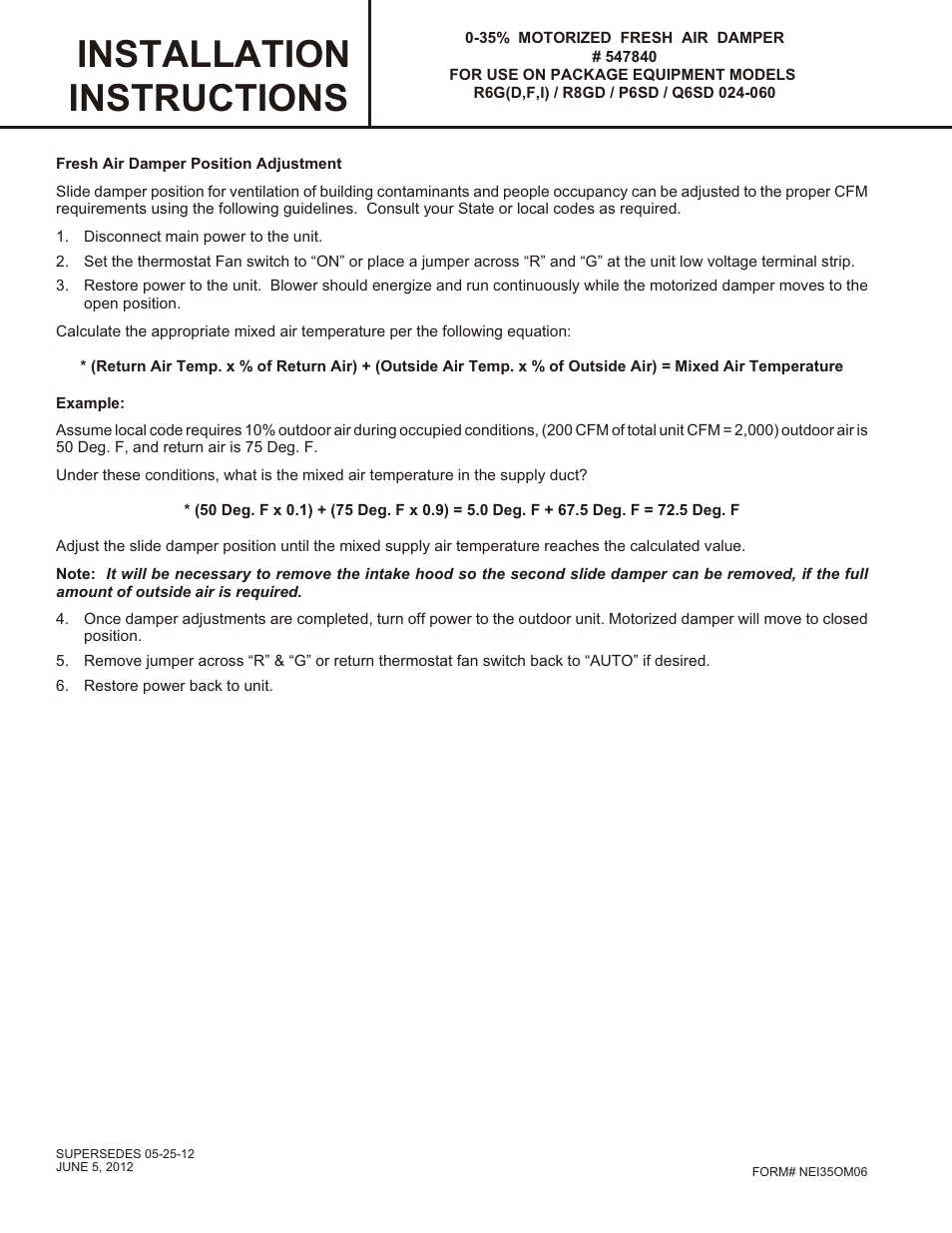 Installation instructions | Reznor R6GI Option - Installation - Motorized Fresh Air Damper - Light Commercial User Manual | Page 2 / 3