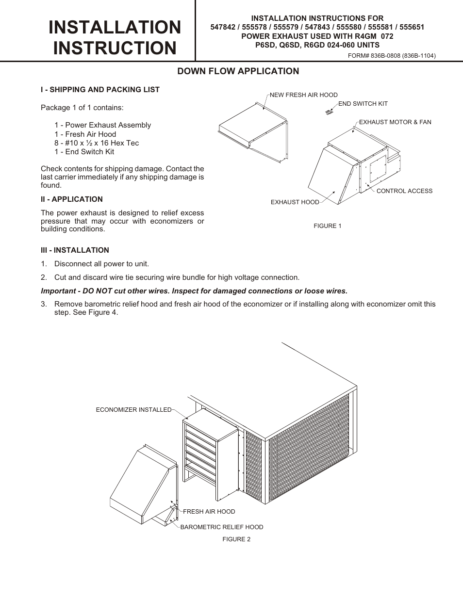 Reznor Q6SD Option - Installation - Power Exhaust - Lt Commercial User Manual | 8 pages