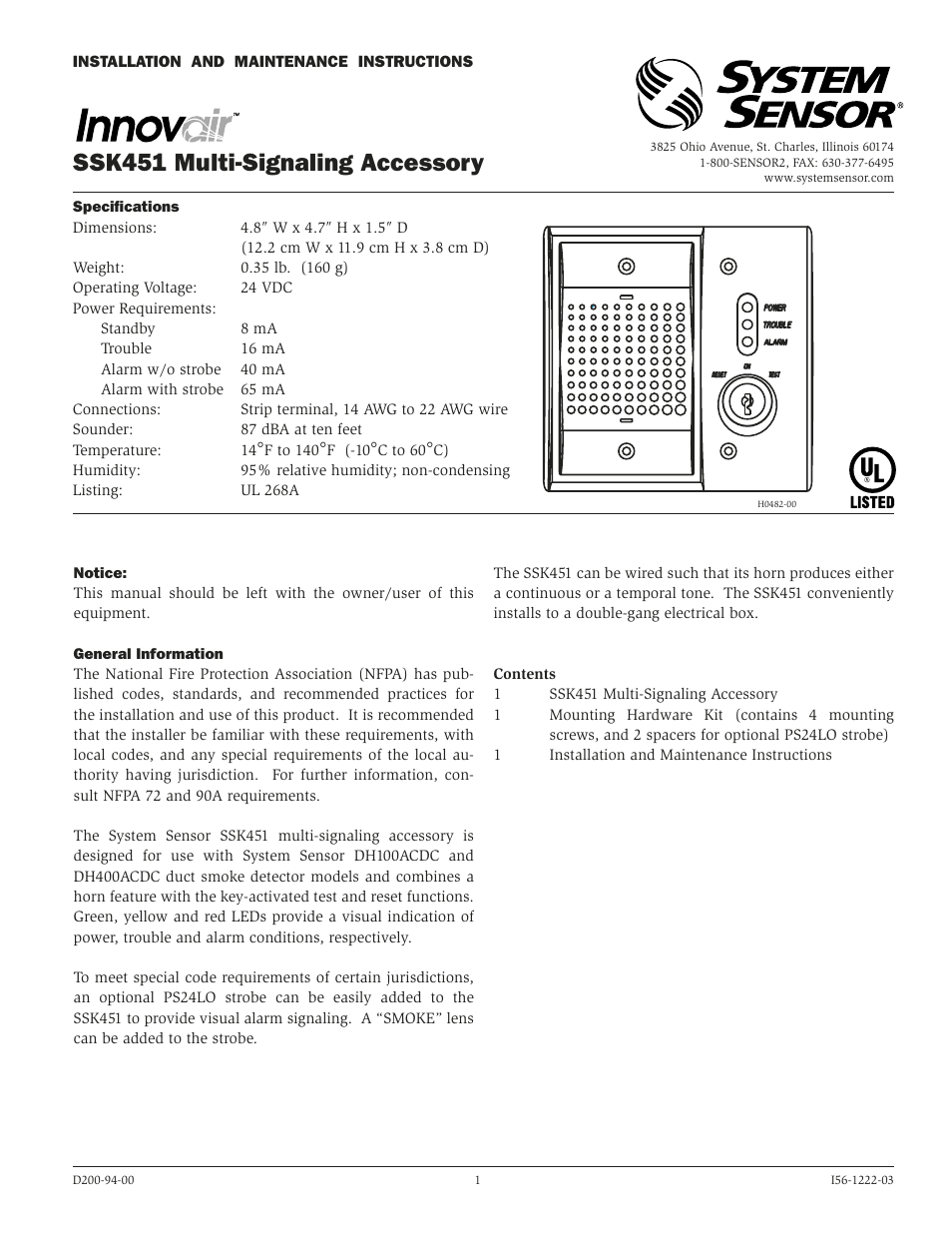 Reznor B5SM Option - Installation - Smoke Detector - Light Commercial User Manual | 4 pages
