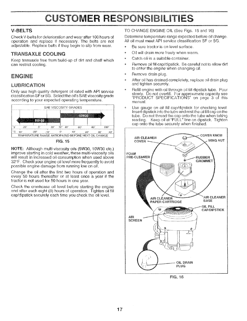 Customer responsibilities, Engine, V-belts | Transaxle cooling, Lubrication | Craftsman 917.256544 User Manual | Page 17 / 56