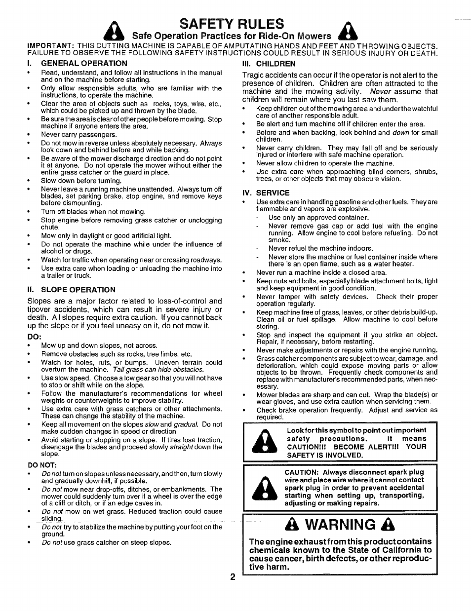 Safe operation practices for ride-on mowers, I. general operation, Ii. slope operation | Warning, Safety rules | Craftsman 917.256544 User Manual | Page 2 / 56