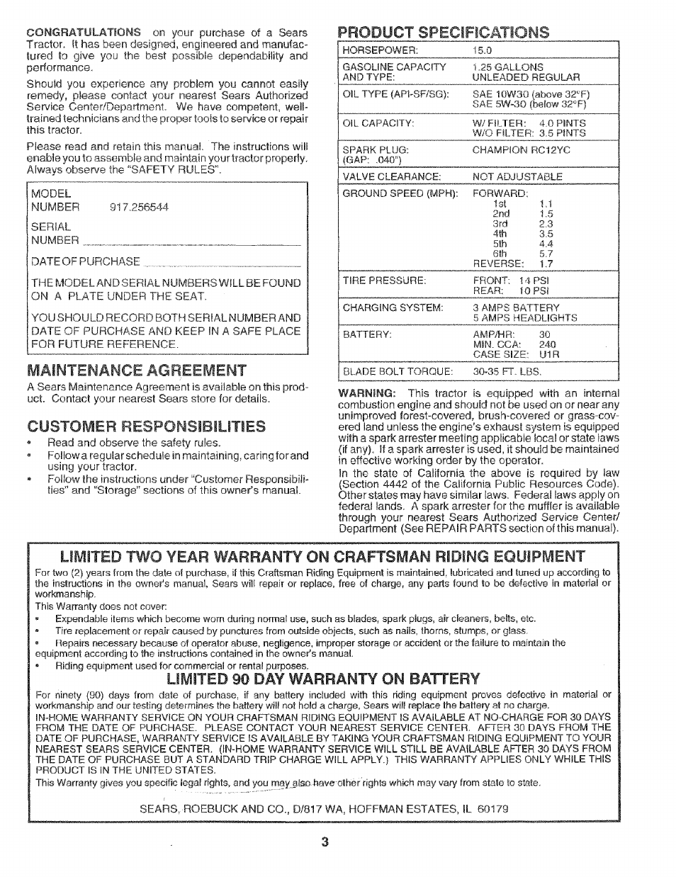 Product specifications, Maintenance agreement, Customer responsibllities | Limited 90 day warranty on battery | Craftsman 917.256544 User Manual | Page 3 / 56