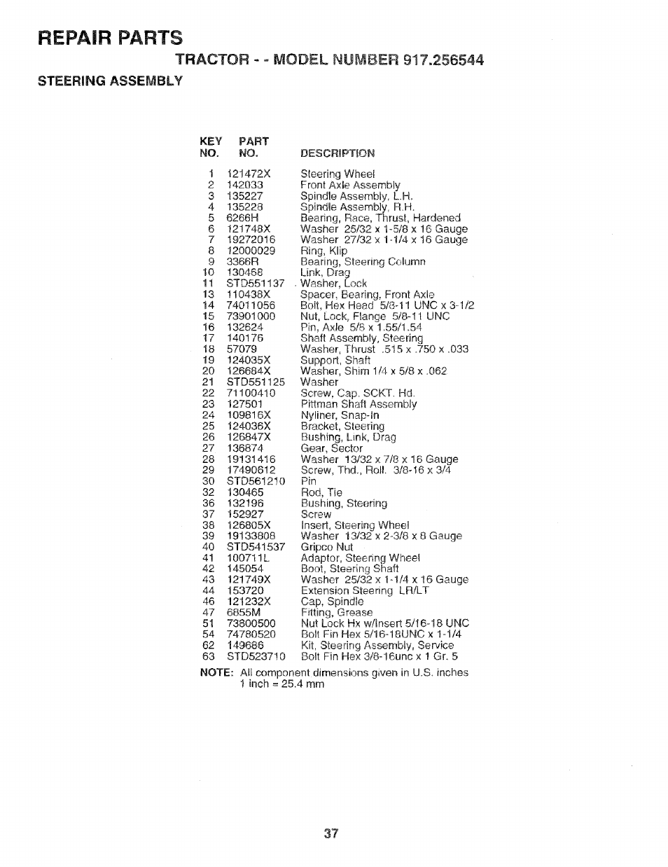 Repair parts, Tractor | Craftsman 917.256544 User Manual | Page 37 / 56
