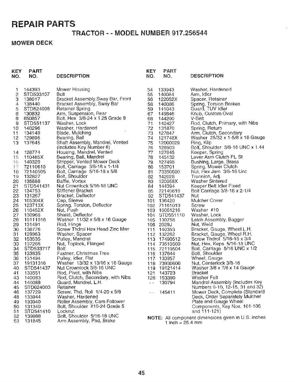 Repair parts, Iwower deck | Craftsman 917.256544 User Manual | Page 45 / 56