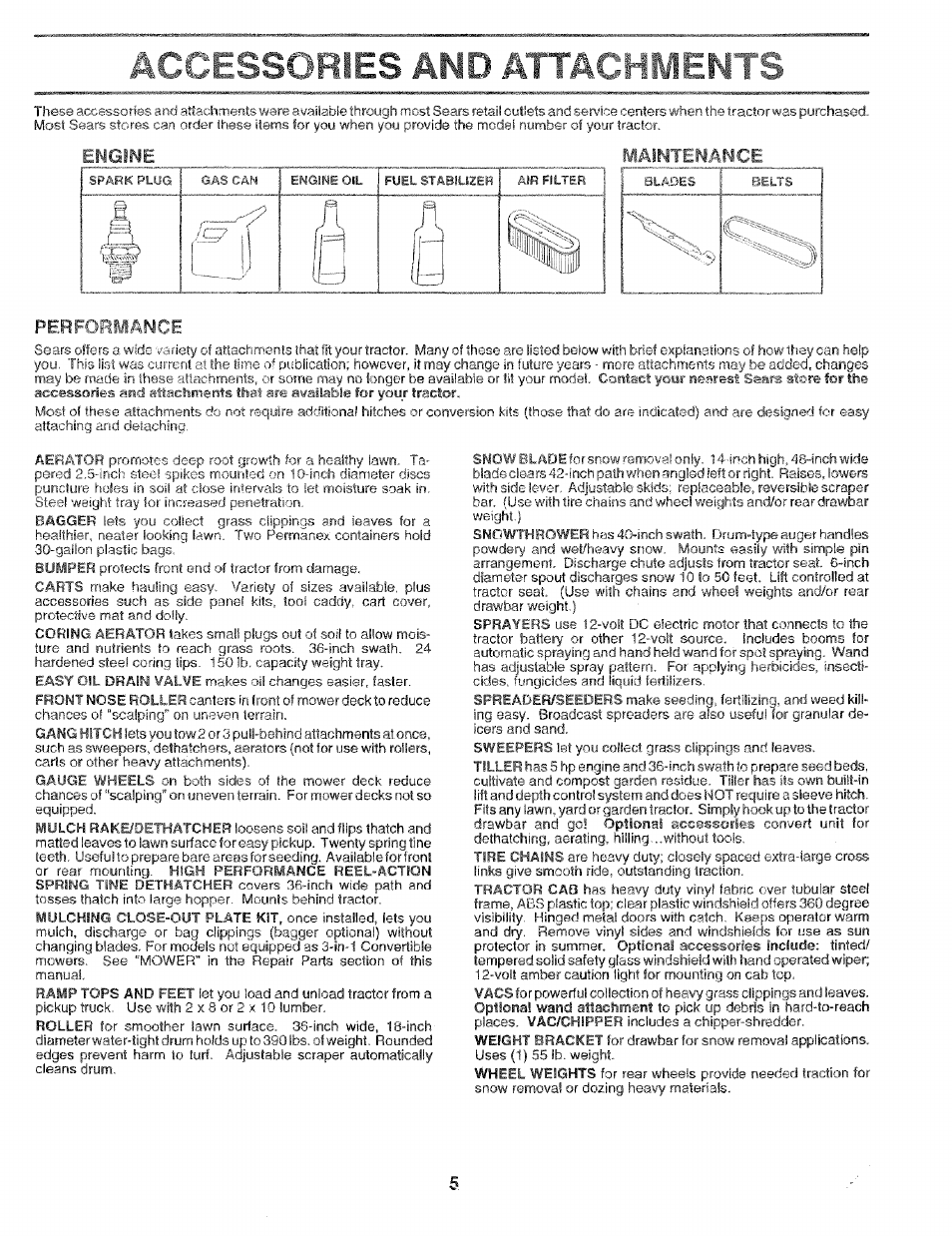 Accessories and attachments, Engine maintenance, Performance | Craftsman 917.256544 User Manual | Page 5 / 56