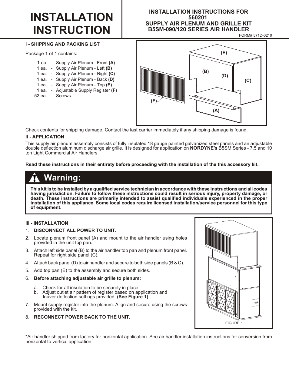 Reznor B5SM Option - Installation - Supply Air Plenum Grille User Manual | 2 pages