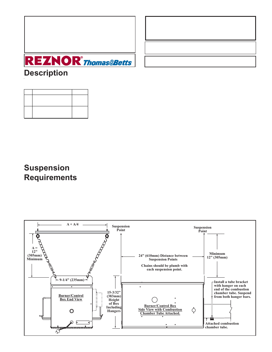 Hanger kit option ck11, Description, Suspension requirements | Reznor VR Option - Installation - Hanger Kit User Manual | Page 2 / 3