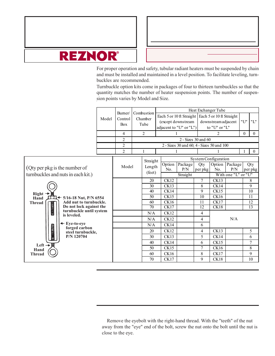 Reznor VR Option - Installation - Turnbuckle Kit User Manual | 2 pages