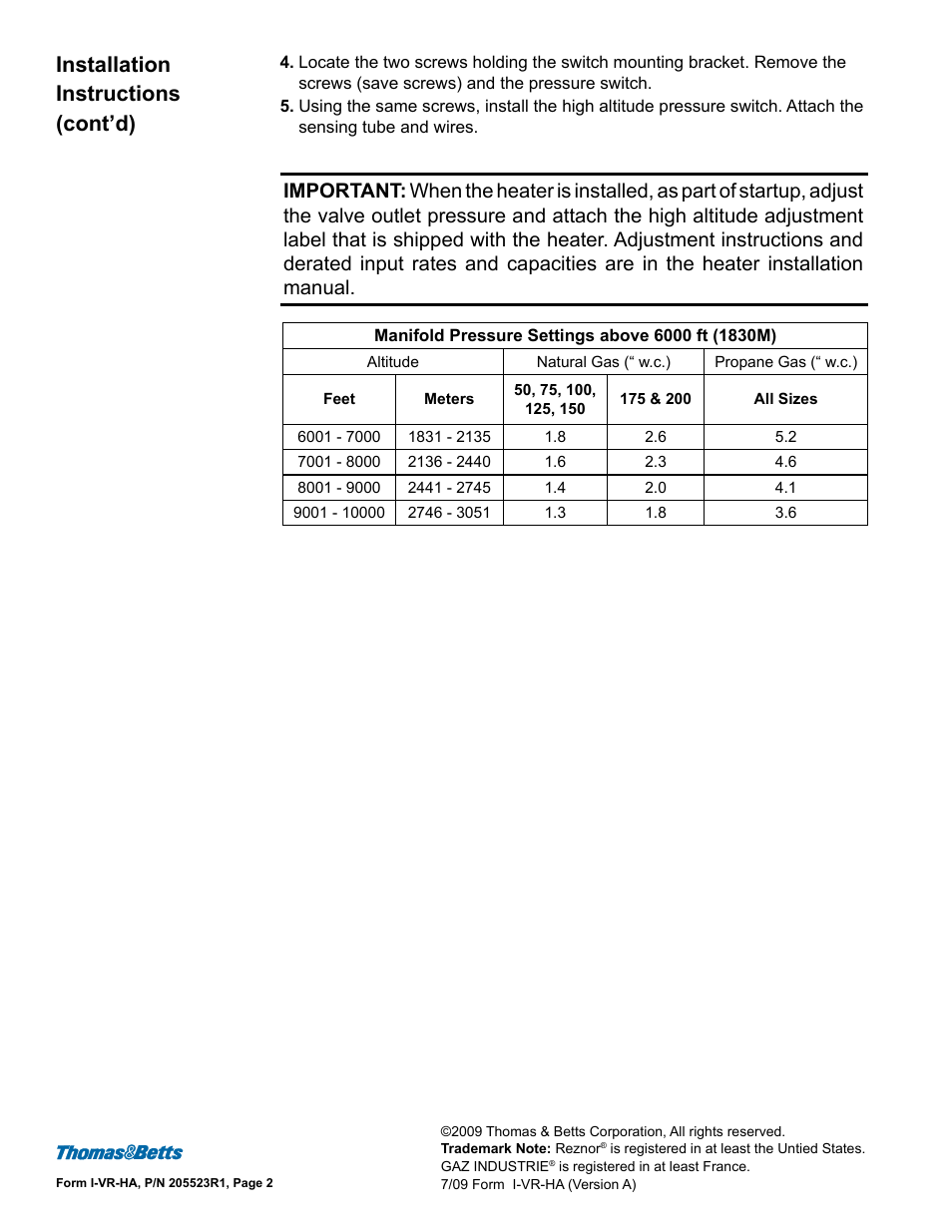 Installation instructions (cont’d) | Reznor VR Conversion Info - High Altitude Kit User Manual | Page 3 / 3