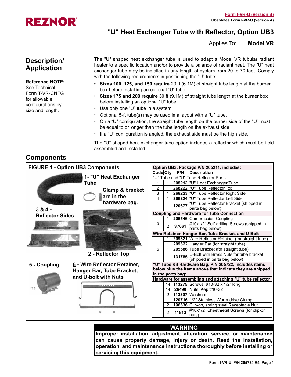 Reznor VR Option - Installation - U Tube Installation User Manual | 4 pages