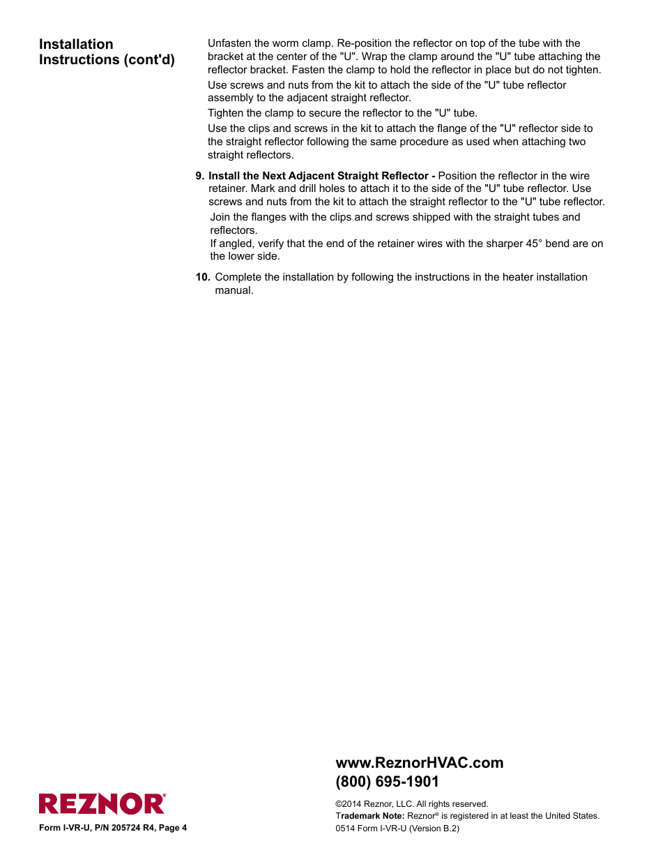Installation instructions (cont'd) | Reznor VR Option - Installation - U Tube Installation User Manual | Page 4 / 4
