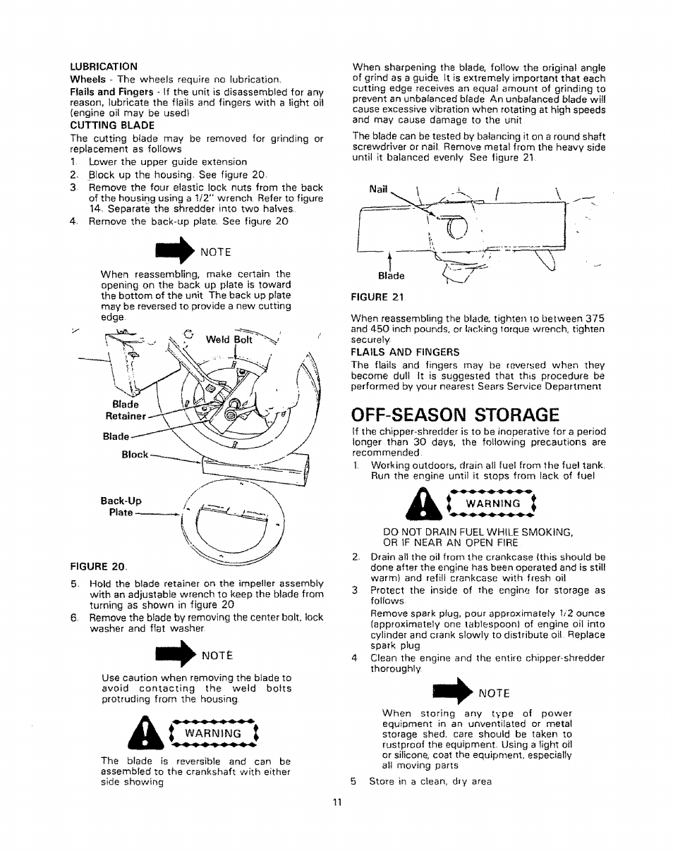 Lubrication, Flails and fingers, Off-season storage | Warning | Craftsman 247.796890 User Manual | Page 11 / 20