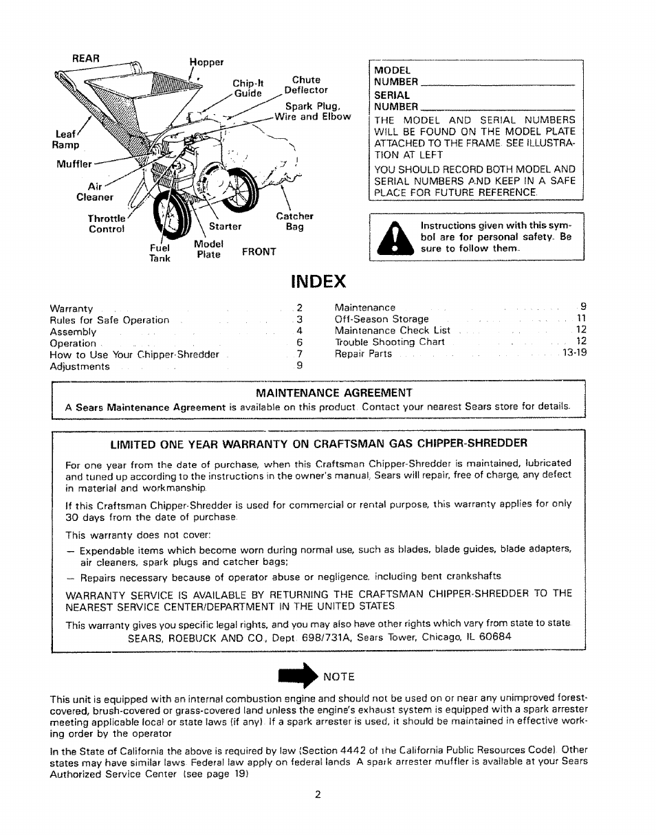 Number, Serial, Maintenance agreement | Note, Index | Craftsman 247.796890 User Manual | Page 2 / 20