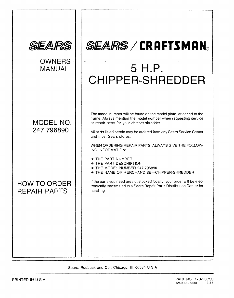 Owners, Manual, How to order repair parts | Me/crrftsmrn, Chipper-shredder | Craftsman 247.796890 User Manual | Page 20 / 20