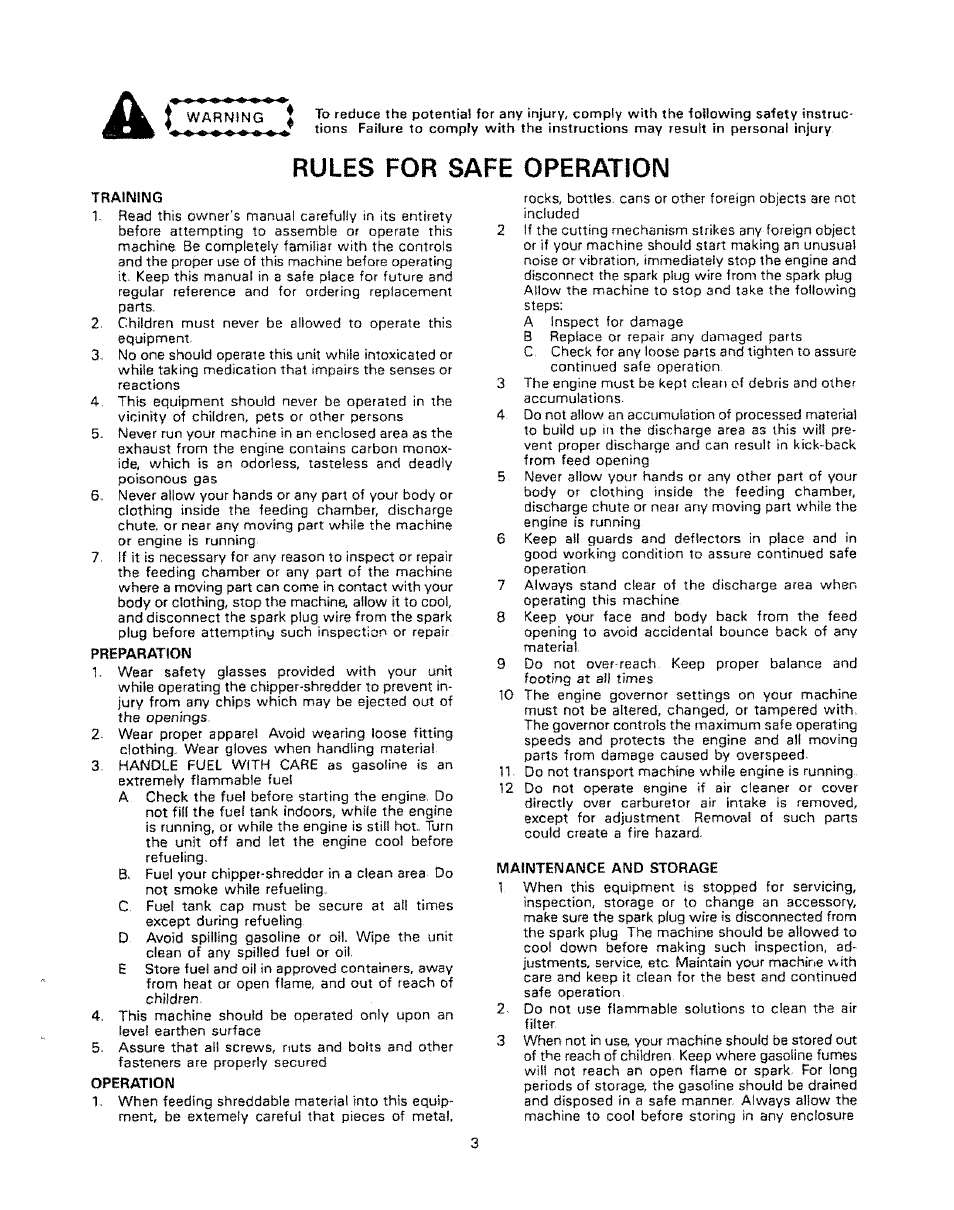 Warning, Rules for safe operation, Training | Preparation, Operation, Maintenance and storage | Craftsman 247.796890 User Manual | Page 3 / 20