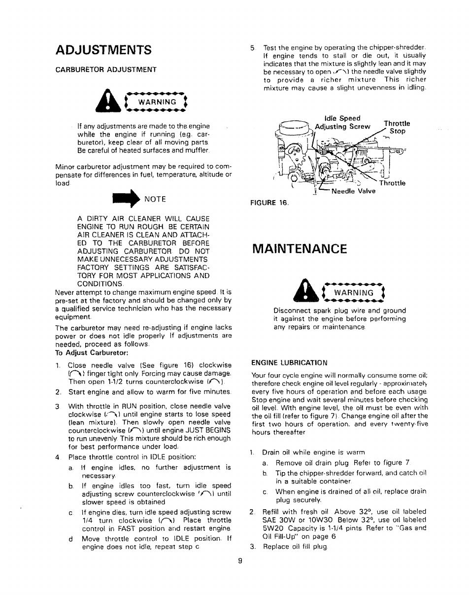 Adjustmeimts, Warning, Maintenaimce | Craftsman 247.796890 User Manual | Page 9 / 20