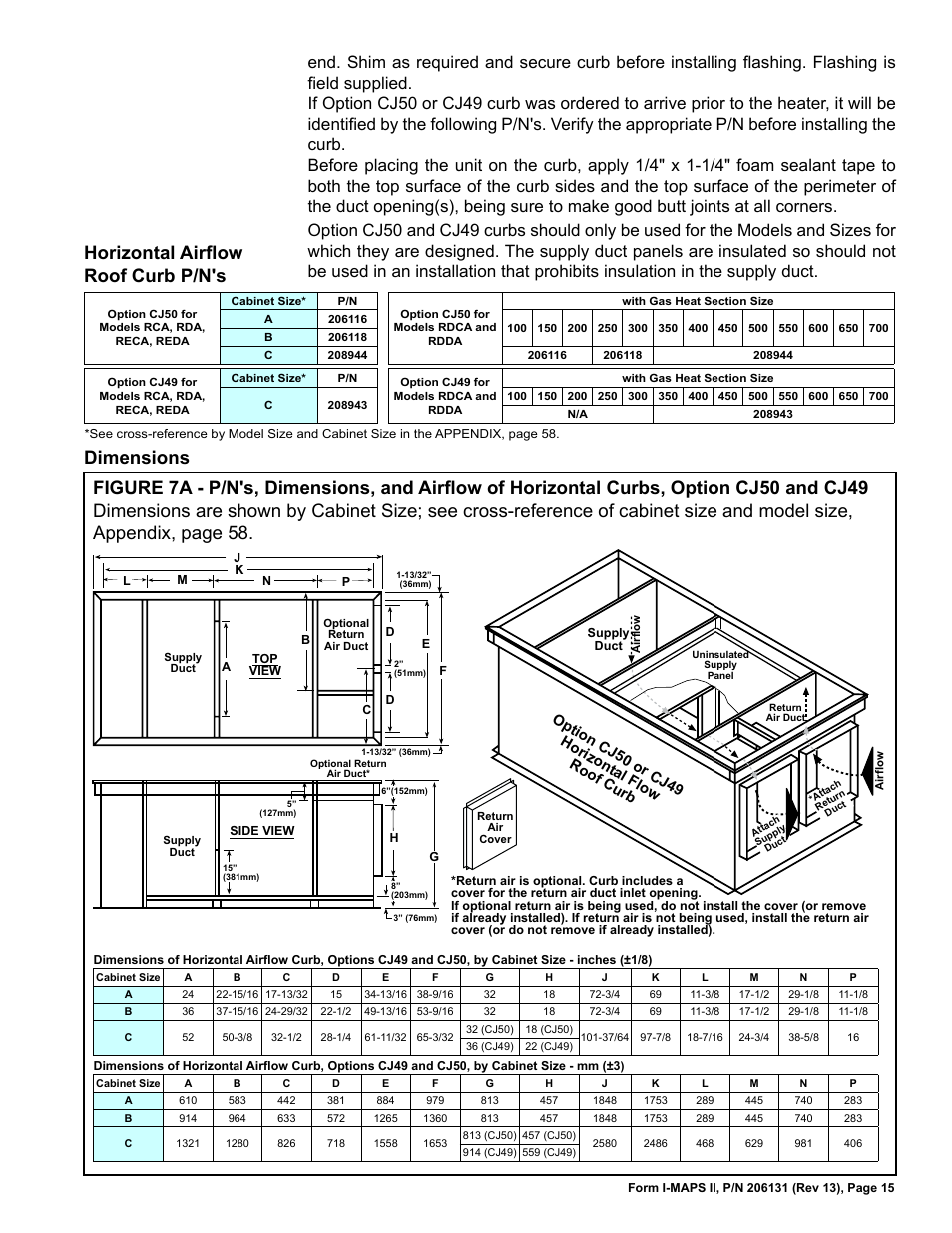 Horizontal airflow roof curb p/n's | Reznor MAPS II Unit Installation Manual User Manual | Page 15 / 64