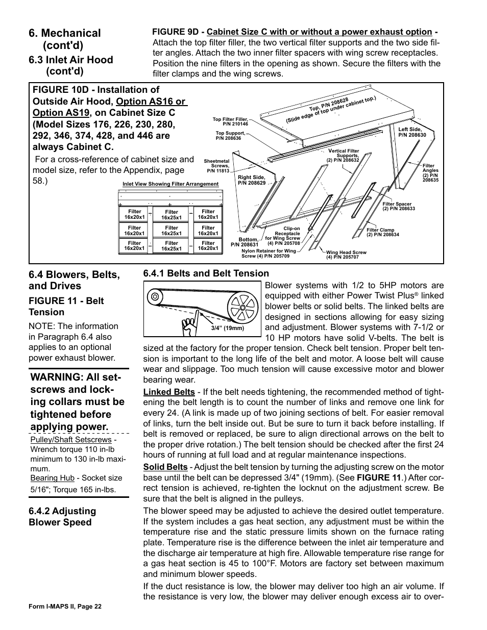 4 blowers, belts, and drives, Mechanical (cont'd), 3 inlet air hood (cont'd) | 1 belts and belt tension, 2 adjusting blower speed, Figure 11 - belt tension | Reznor MAPS II Unit Installation Manual User Manual | Page 22 / 64