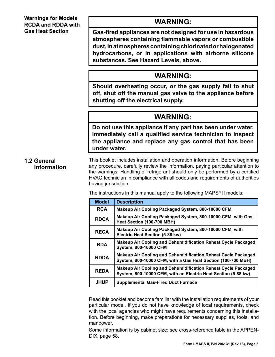 2 general information, Warning | Reznor MAPS II Unit Installation Manual User Manual | Page 3 / 64