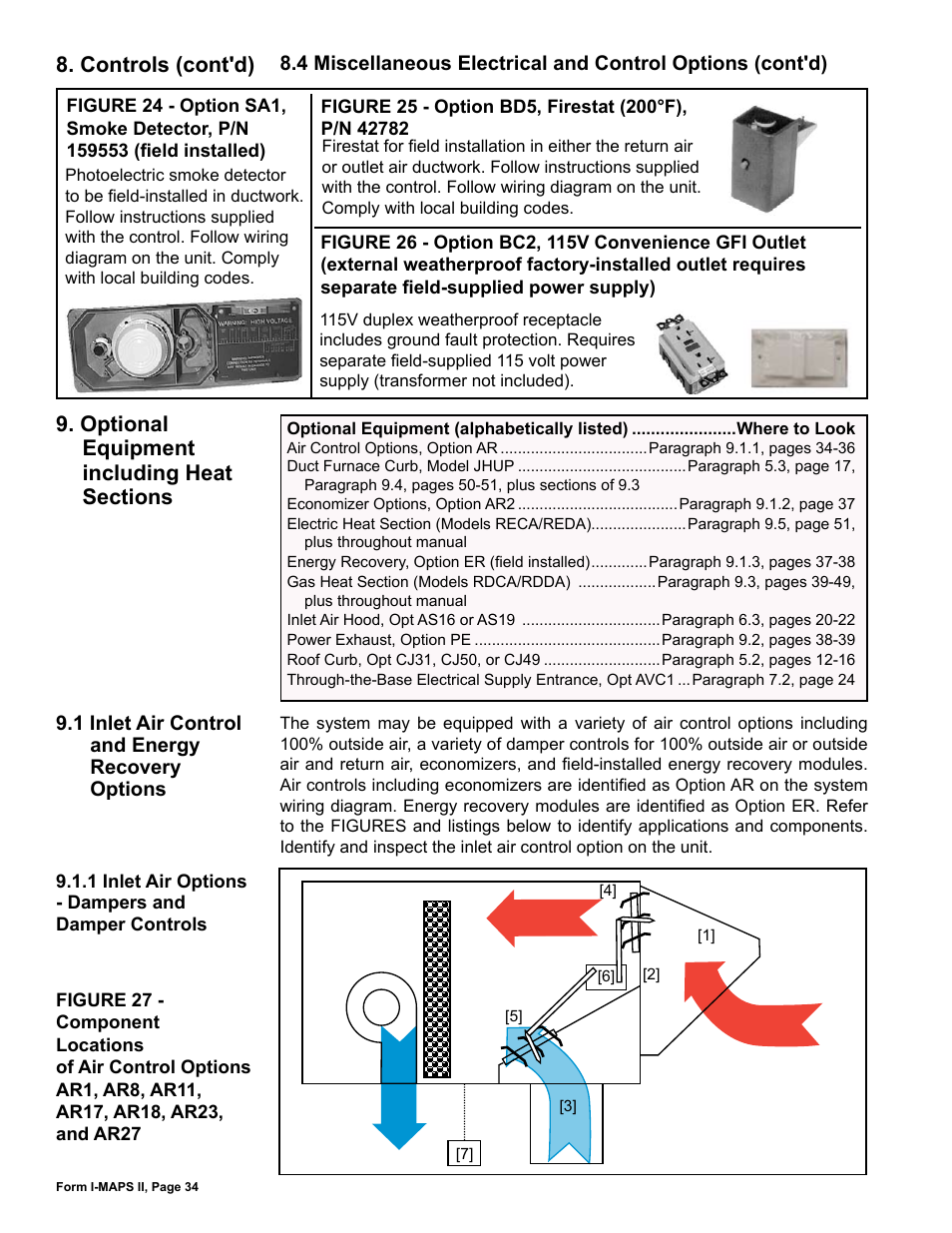 Optional equipment including heat sections, 1 inlet air control and energy recovery options, Optional equipment including | Heat sections, 1 inlet air control and energy recovery, Options, Controls (cont'd) | Reznor MAPS II Unit Installation Manual User Manual | Page 34 / 64