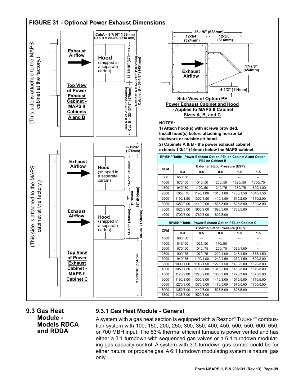 3 gas heat module - models rdca and rdda, 3 gas heat module - models rdca & rdda, Figure 31 - optional power exhaust dimensions | 1 gas heat module - general | Reznor MAPS II Unit Installation Manual User Manual | Page 39 / 64