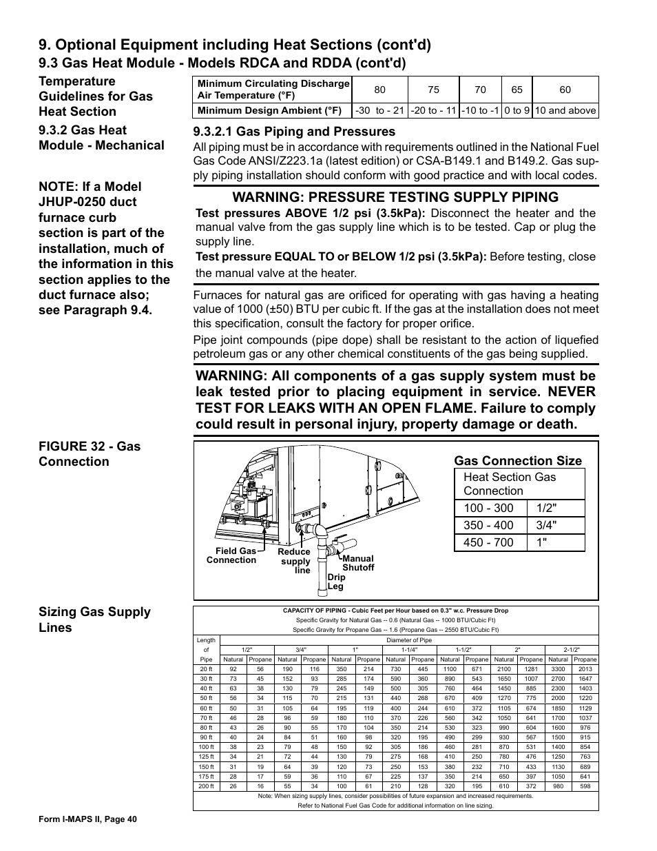 Warning: pressure testing supply piping, 3 gas heat module - models rdca and rdda (cont'd), Figure 32 - gas connection | Gas connection size, Sizing gas supply lines | Reznor MAPS II Unit Installation Manual User Manual | Page 40 / 64
