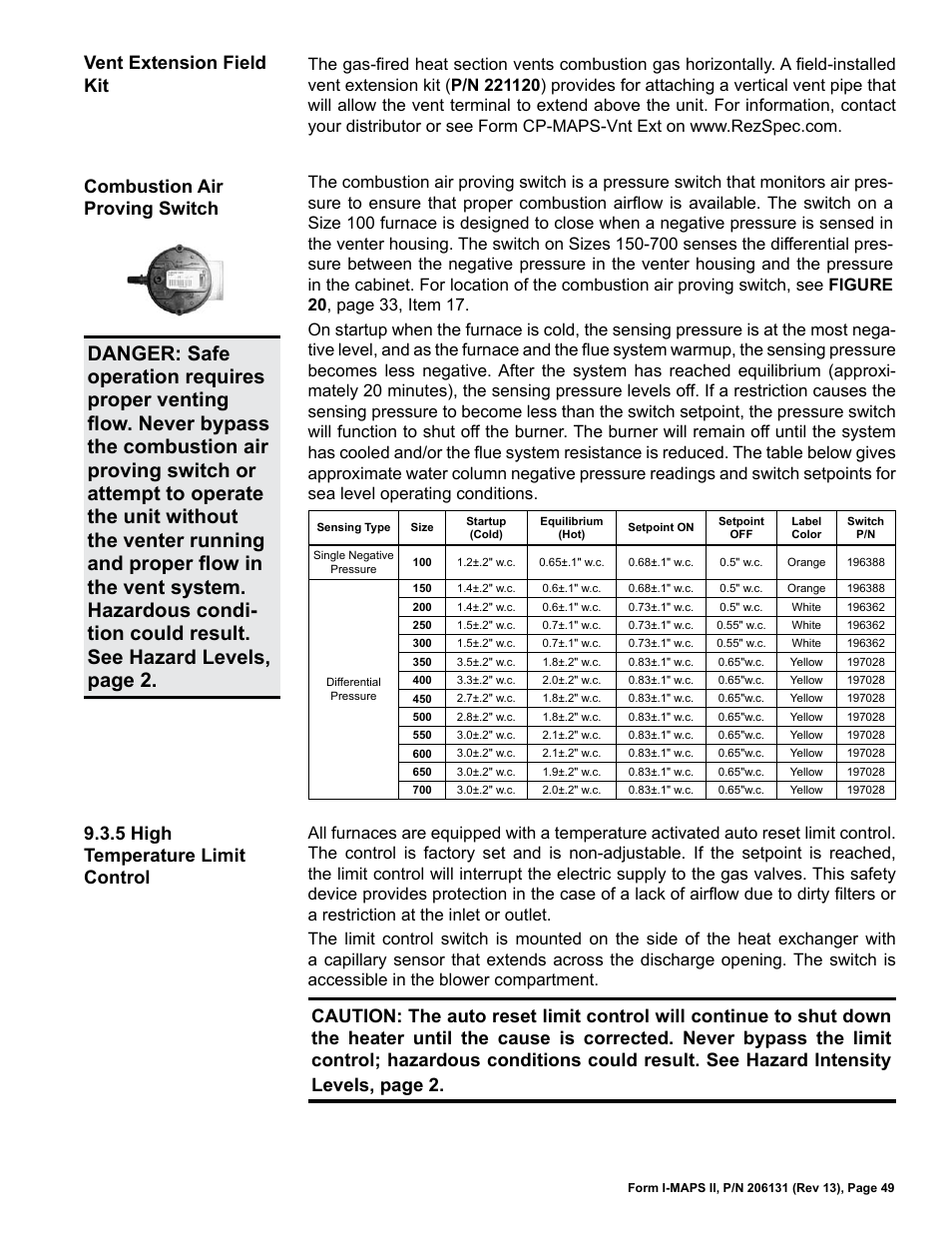 Combustion air proving switch, Vent extension field kit, 5 high temperature limit control | Reznor MAPS II Unit Installation Manual User Manual | Page 49 / 64