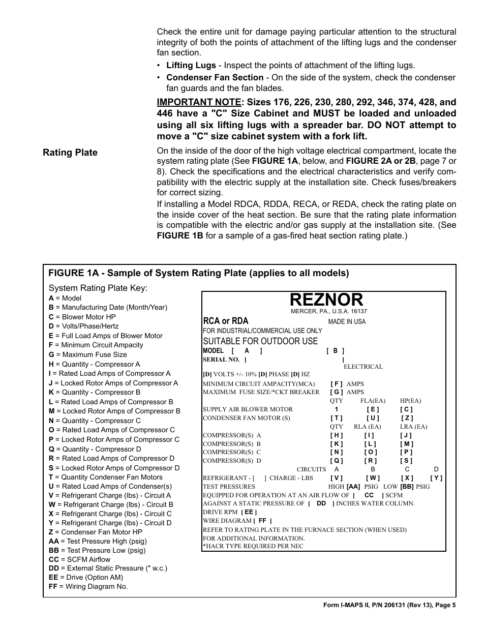 Receiving, moving, and storage, 1 receiving and moving, Reznor | Rca or rda, Suitable for outdoor use, Rating plate | Reznor MAPS II Unit Installation Manual User Manual | Page 5 / 64