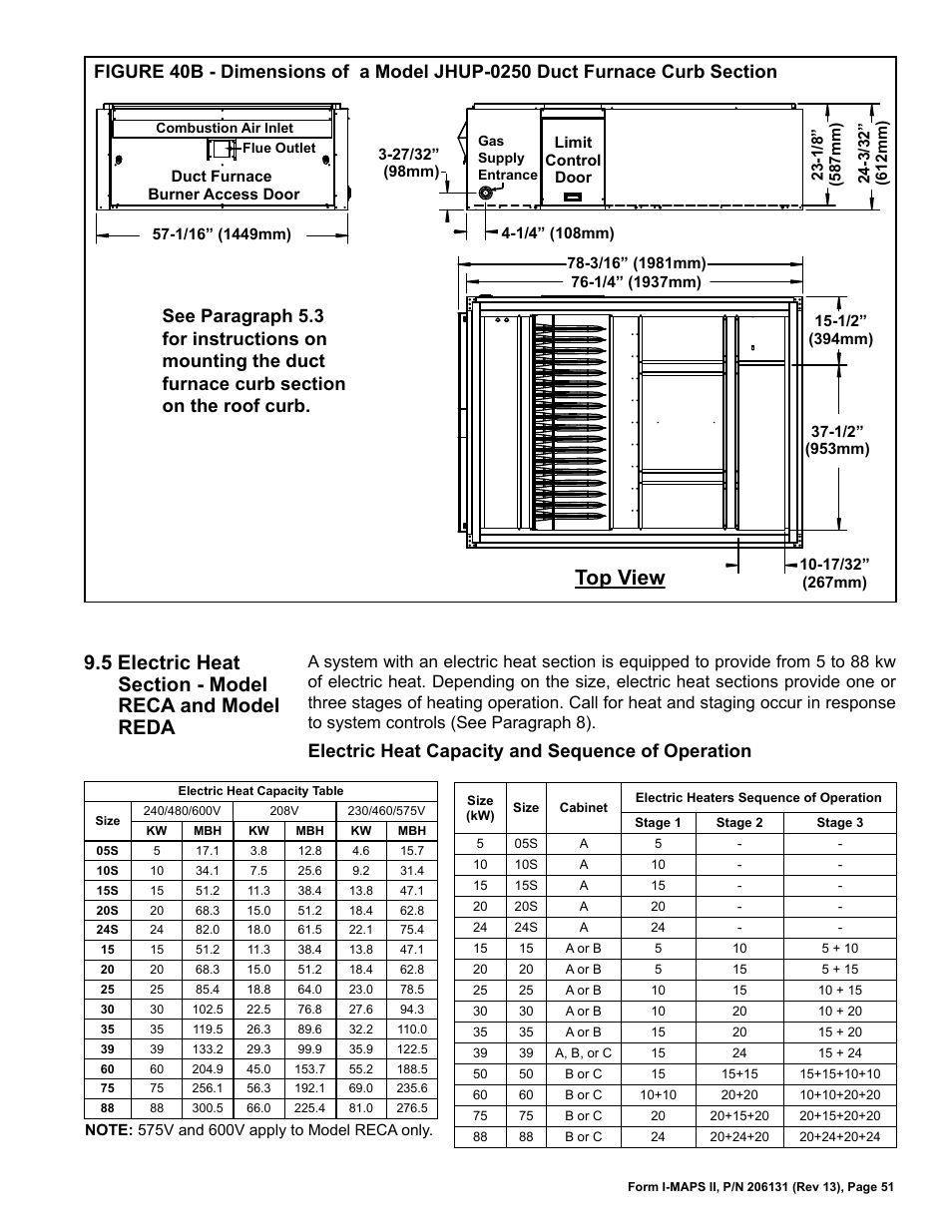 5 electric heat section - model reca and, Model reda, Top view | Electric heat capacity and sequence of operation | Reznor MAPS II Unit Installation Manual User Manual | Page 51 / 64