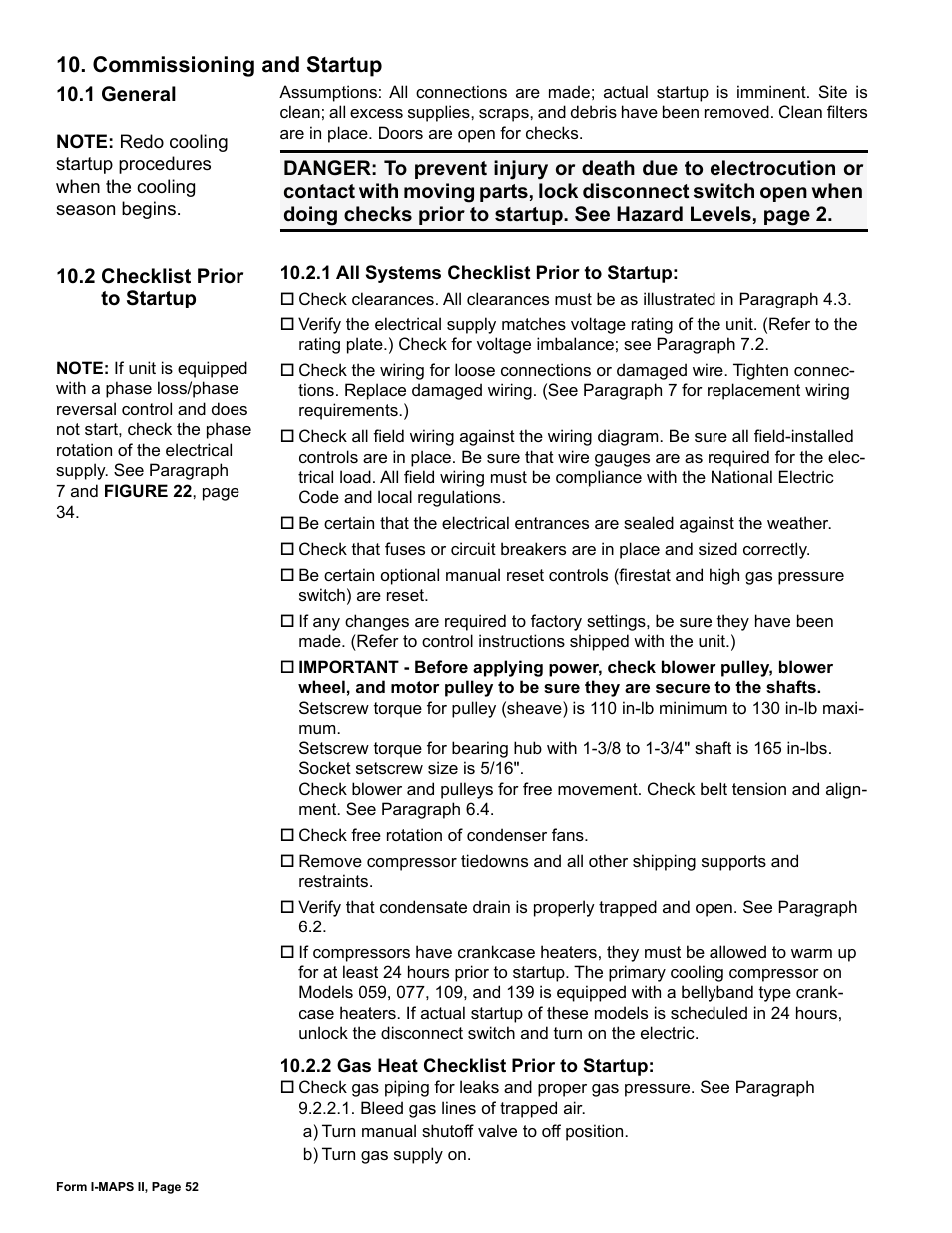Commissioning and startup, 1 general, 2 checklist prior to startup | 1 general 10.2 checklist prior to startup | Reznor MAPS II Unit Installation Manual User Manual | Page 52 / 64