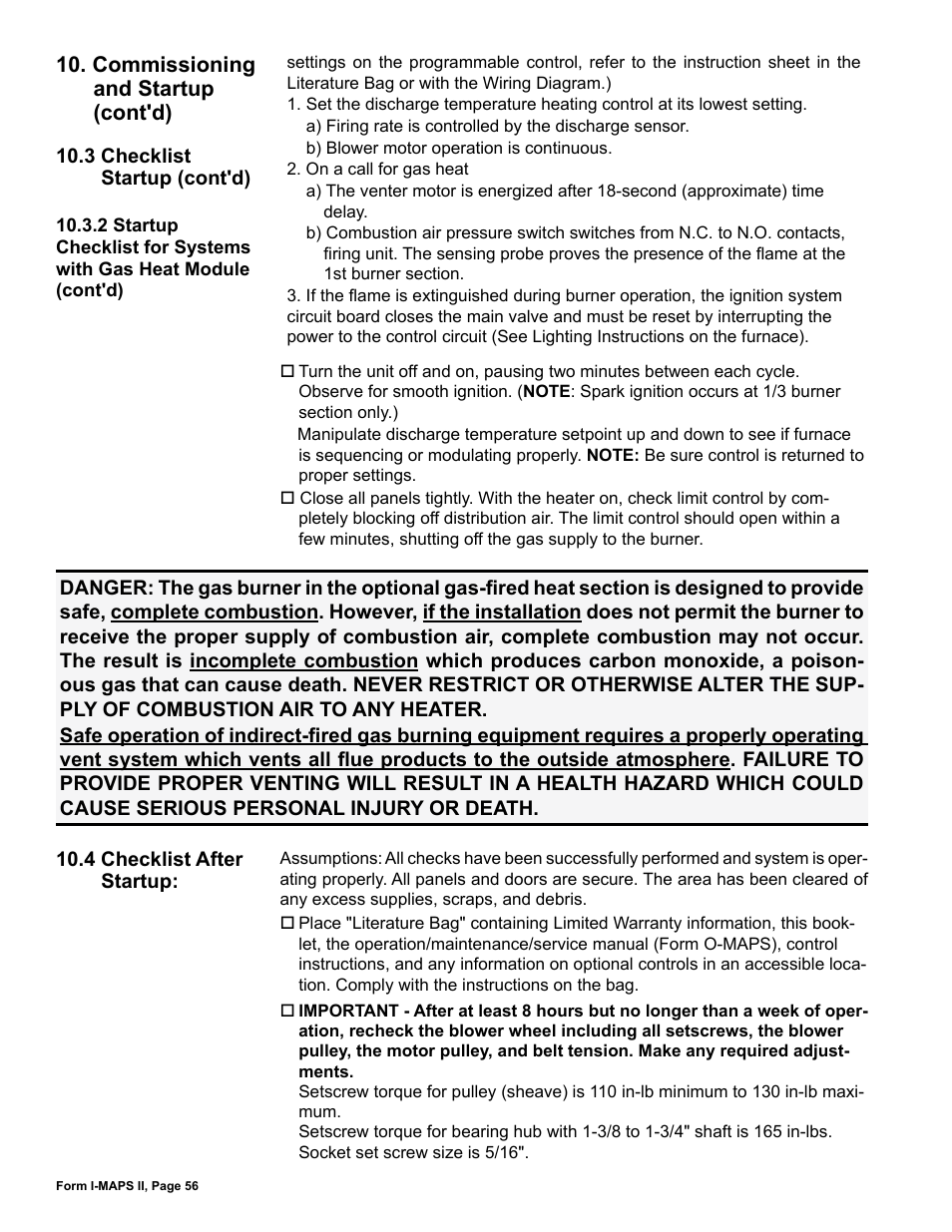 Checklist after startup, 4 checklist after startup | Reznor MAPS II Unit Installation Manual User Manual | Page 56 / 64