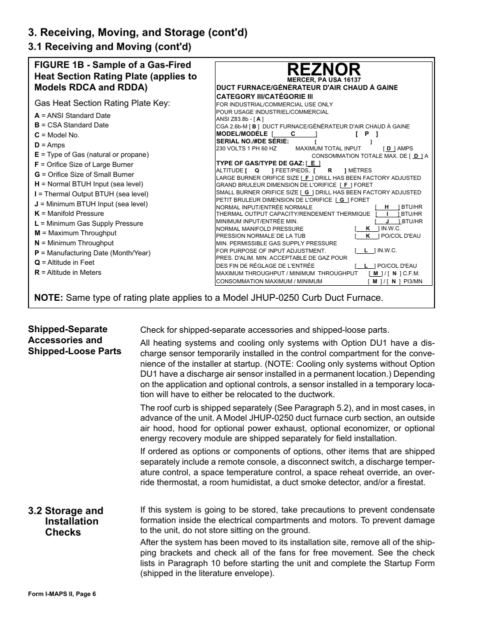 2 storage and installation checks, Reznor, Receiving, moving, and storage (cont'd) | 1 receiving and moving (cont'd) | Reznor MAPS II Unit Installation Manual User Manual | Page 6 / 64