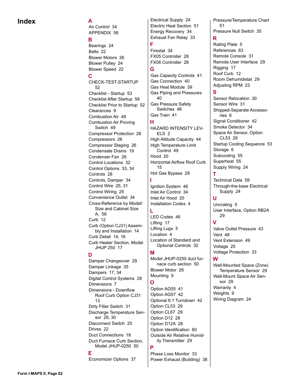 Index | Reznor MAPS II Unit Installation Manual User Manual | Page 62 / 64