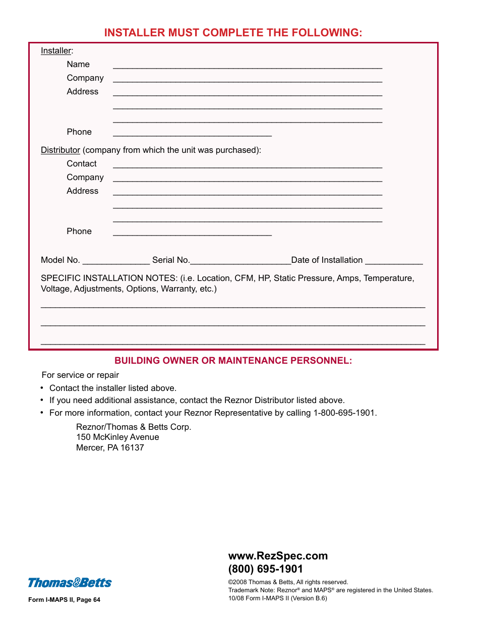 Installer must complete the following | Reznor MAPS II Unit Installation Manual User Manual | Page 64 / 64