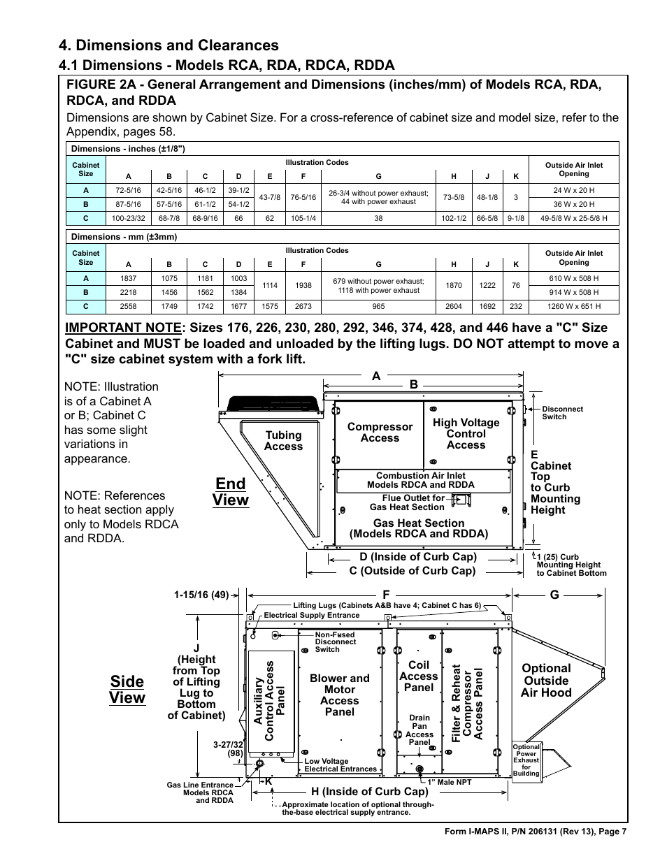 Dimensions and clearances, 1 dimensions - models rca, rda, rdca, rdda, 1 dimensions - rca, rda, rdca, rdda | Reznor MAPS II Unit Installation Manual User Manual | Page 7 / 64