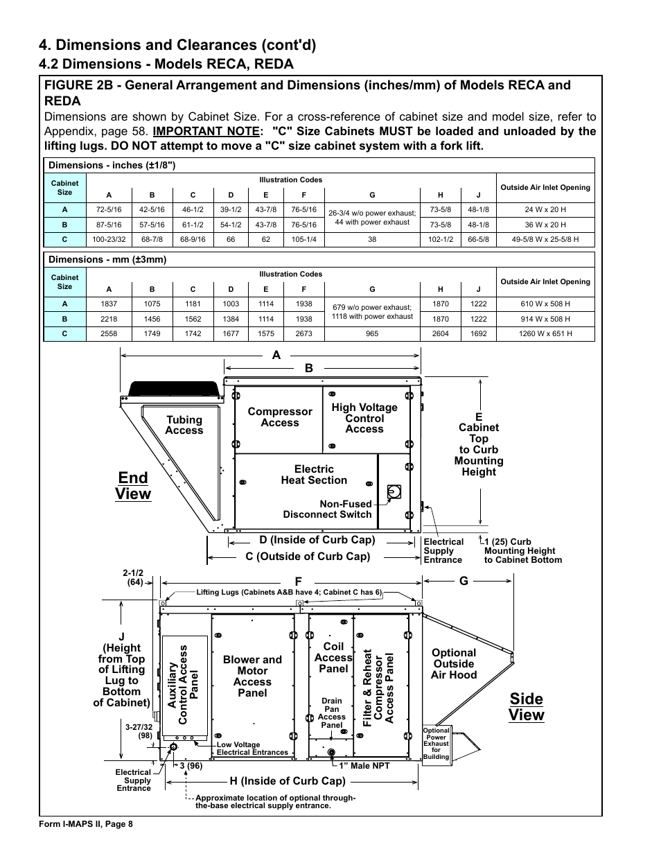 2 dimensions - models reca, reda, 2 dimensions - reca, reda, Dimensions and clearances (cont'd) | Reznor MAPS II Unit Installation Manual User Manual | Page 8 / 64
