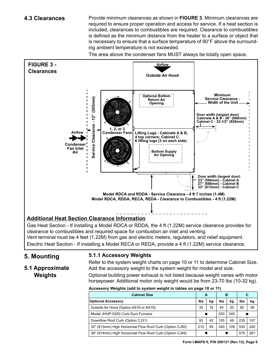 3 clearances, Mounting, 1 approximate weights | 1 accessory weights | Reznor MAPS II Unit Installation Manual User Manual | Page 9 / 64