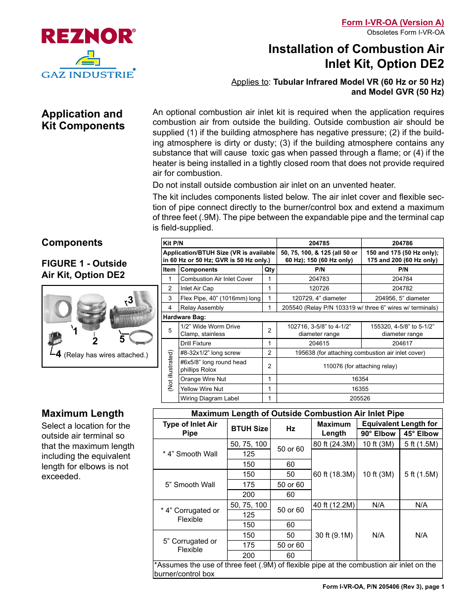 Application and kit components, Components, Maximum length | Figure  - outside air kit, option de2 | Reznor VR Option - Installation - Outside Air Kit User Manual | Page 2 / 5