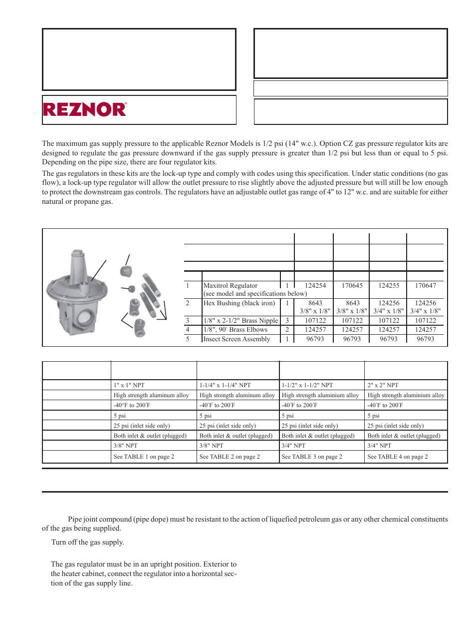Reznor ADFH Option - Installation - Gas Pressure Regulator Kit User Manual | 2 pages