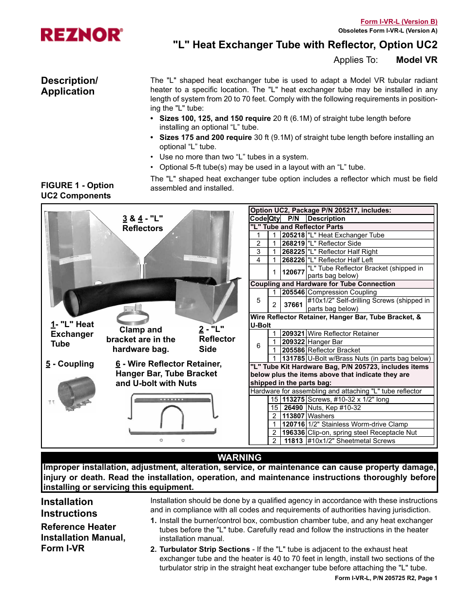 L" heat exchanger tube with reflector, option uc2, Description/ application, Installation instructions | Reznor VR Option - Option - Installation - L Tube User Manual | Page 2 / 5
