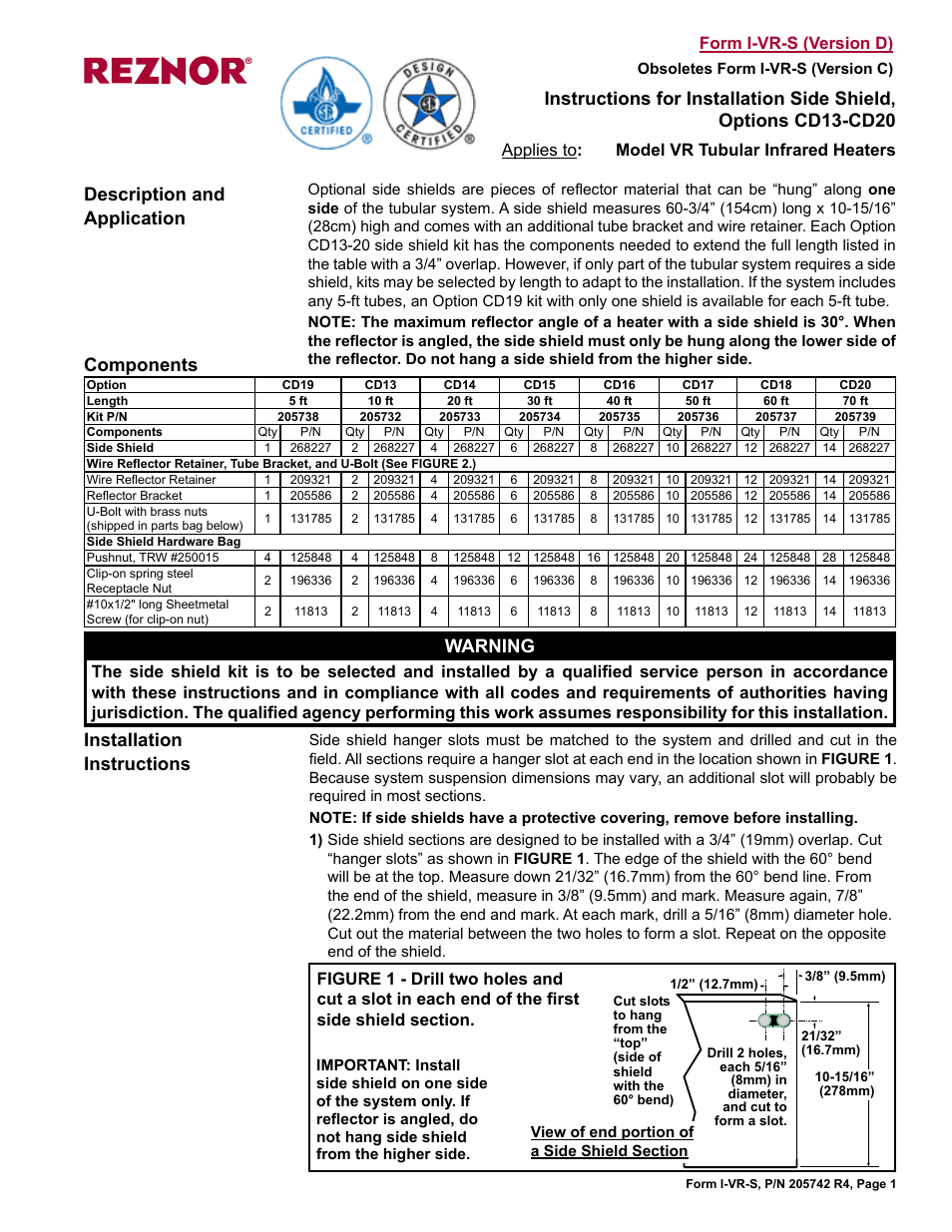 Components, Applies to : model vr tubular infrared heaters, Form i-vr-s (version d) | Reznor VR Option - Option - Installation - Side Shield User Manual | Page 2 / 3
