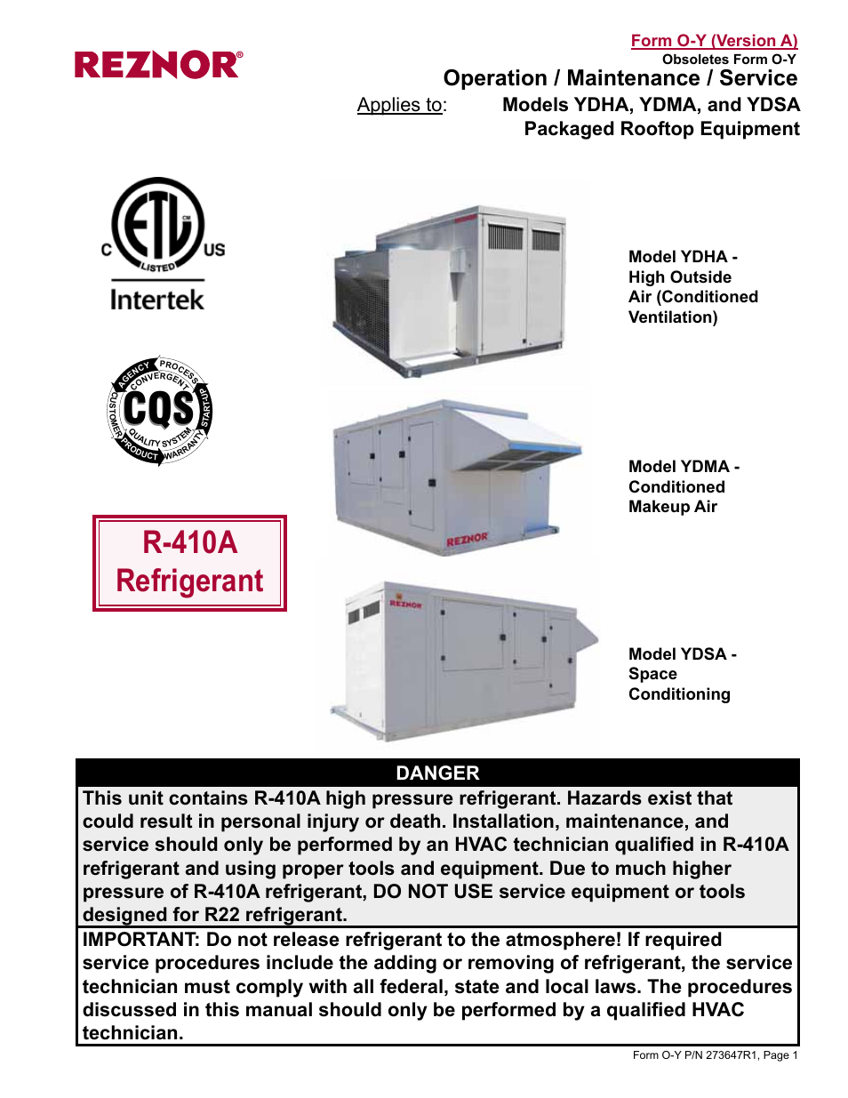 Reznor YDSA Operation Manual User Manual | 48 pages