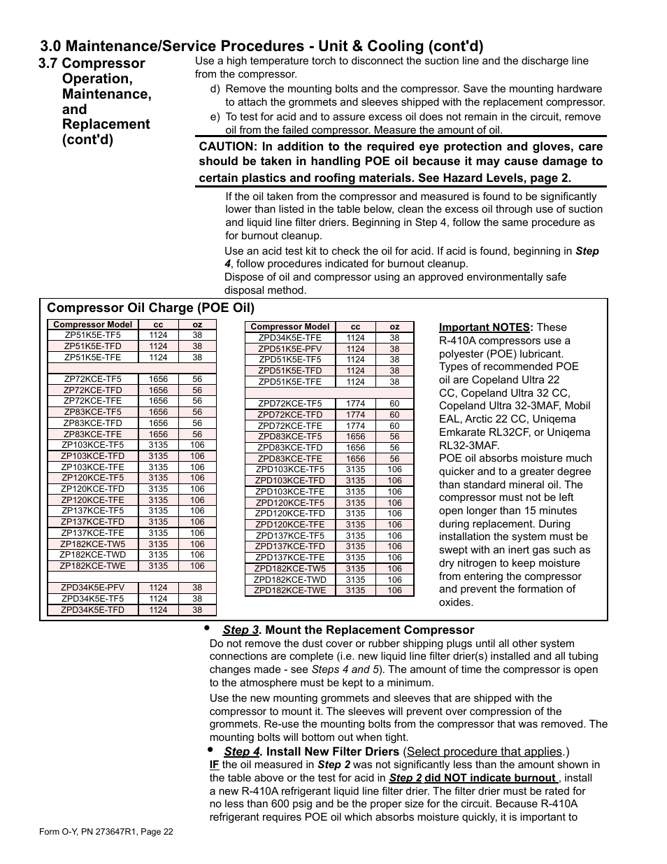 Compressor oil charge (poe oil), Step 3 . mount the replacement compressor | Reznor YDSA Operation Manual User Manual | Page 22 / 48