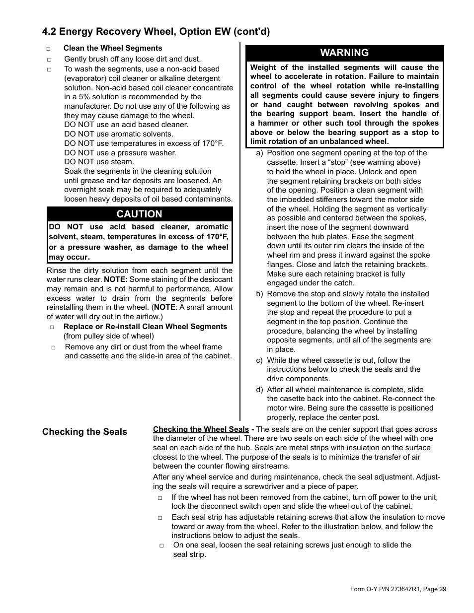 Caution, Warning, 2 energy recovery wheel, option ew (cont'd) | Reznor YDSA Operation Manual User Manual | Page 29 / 48